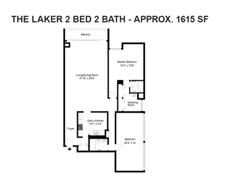A floor plan of a 2 bedroom, 2 bathroom apartment.